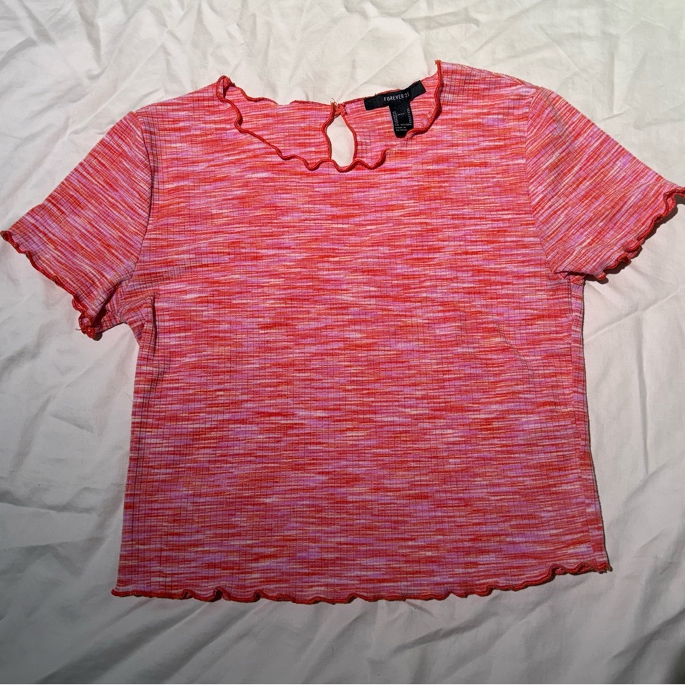 Forever 21 y2k pink and coral lettuce hem cropped baby tee crop